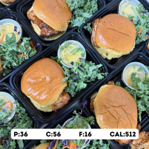 Hot Honey Chicken Sandwich with Kale Slaw Tossed with Peach Vinaigrette